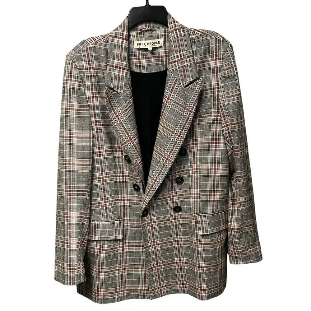 Free People Ashby Black Orange Plaid Button Front Oversized Blazer Womens XL